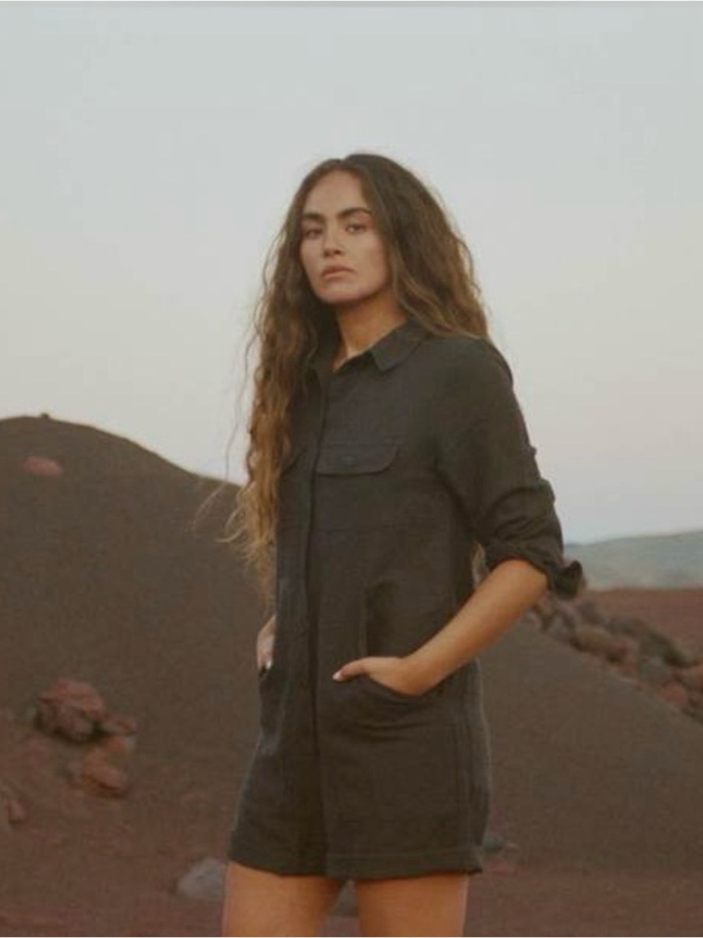 OZMA of California Tangier Black Canvas Button-Front Romper with Pockets - Picture 2 of 8